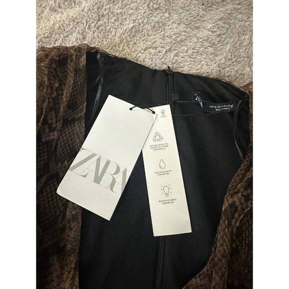 Zara Dress Draped Tulle Mini Long Sleeve in Snakeskin Brown Size S New - Picture 3 of 16